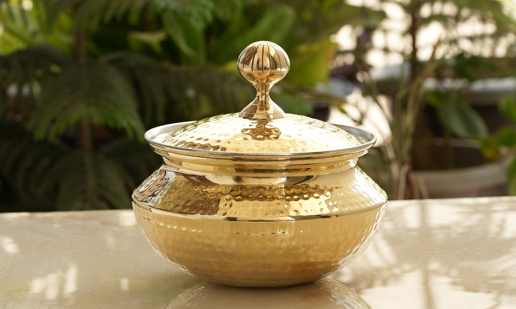 Indian Art Villa Brass Handi / Degchi With Tin Lining Inside, Degchi With Lid