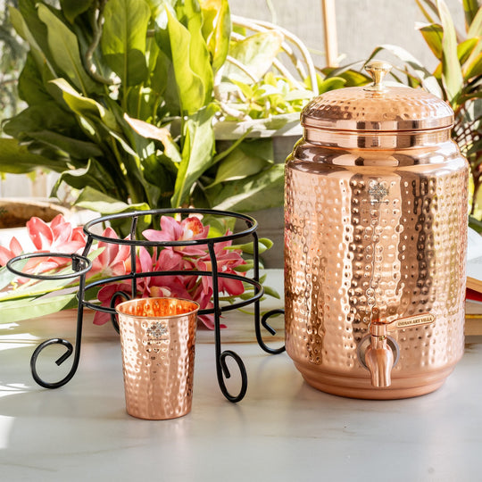 5 litre round copper matka with stand size guide – height on stand – copper water pot with stand