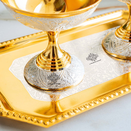 Pure Silver Plated Gold Polished 2 Ice Cream Bowl with 2 spoon & 1 tray