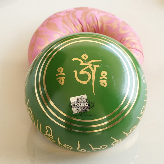 Indian Art Villa handcrafted green brass singing bowl with mantra design and cushion, ideal for meditation, healing.