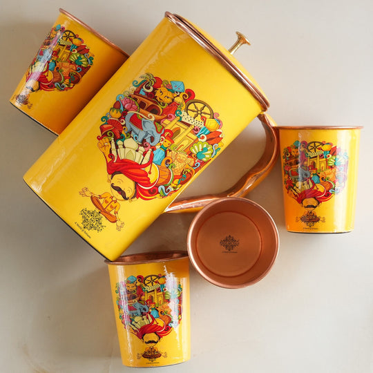 Pure Copper Printed Padharo Mhare Desh Jug & Glass Gift Set