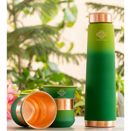 Green pyramid copper bottle and glasses set with lacquered ombre finish, handcrafted by Indian Art Villa artisans.