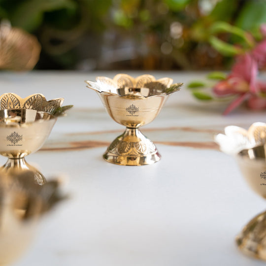 Brass Floral Diya Set of 4, Decorative Oil Lamps for Pooja