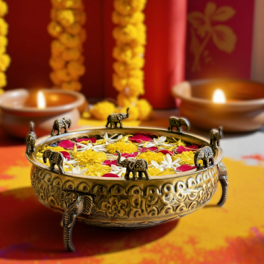 Brass Urli with Elephant Trunk Design -Antique Embossed