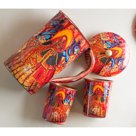Ayurvedic Copper Jug & 2 Glass Set by Indian Art Villa, featuring Rajasthani Meena 'Padharo Mhare Desh' print, ideal for home decor.