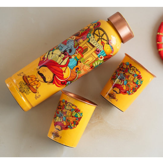 Indian Art Villa's Copper Bottle & Glass Set adorned with Rajasthani Meena 'Padharo Mhare Desh' and Ayurvedic Drinkware, featuring Pagdi Art.