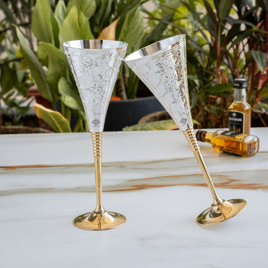 Silver Plated Engraved Goblet / Flute Glass / Wine Glass with Red Box | Set of 2 | 100 ML each