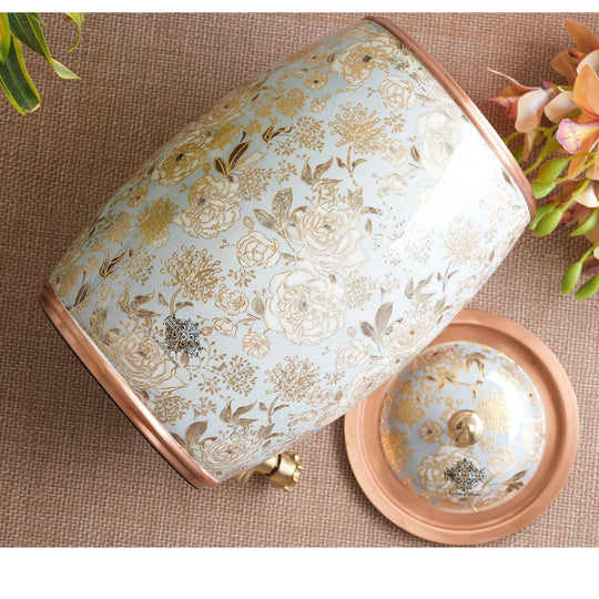Angle of 5L copper matka dispenser with tap on stand showing diamond pattern and stable iron legs – copper water pot with stand