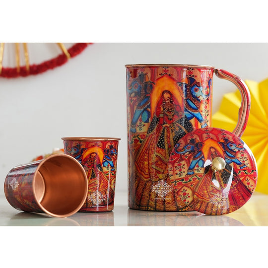 Ayurvedic Copper Jug & 2 Glass Set by Indian Art Villa, featuring Rajasthani Meena 'Padharo Mhare Desh' print, ideal for home decor.