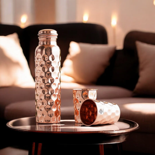 Set of Pure Copper Diamond Hammered Leak Proof Water Bottle & Two Glasses with a Gift Box, Drinkware