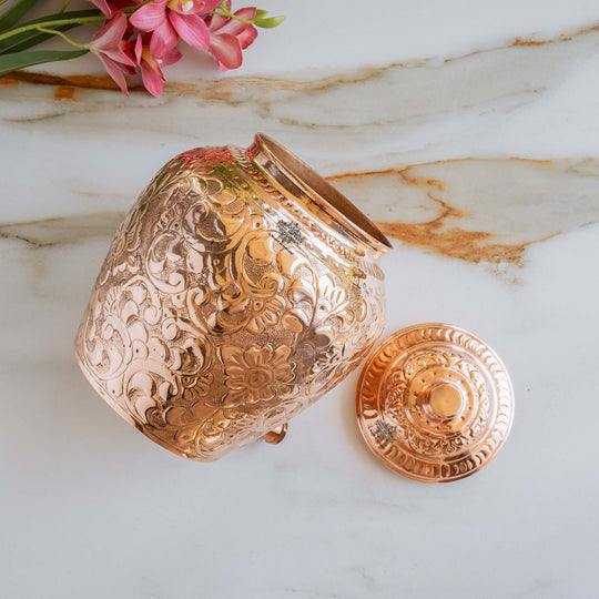 Wide angle of 5L round copper pot with tap showing massive body and brass spigot – copper matka with tap
