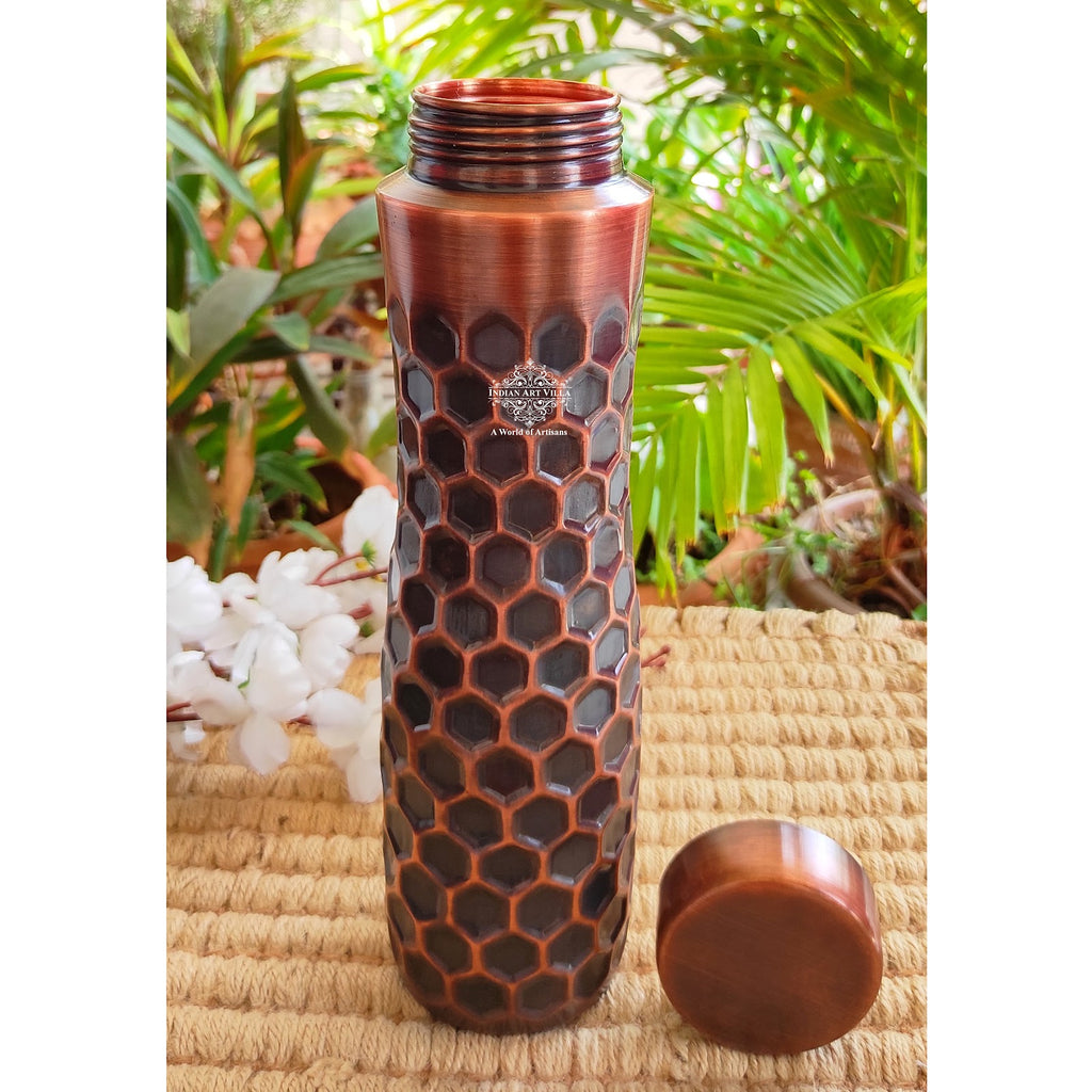 Indian Art Villa Copper Antique Dark Finish Water Bottle in Full Honeycomb Design, Volume- 1000 ML