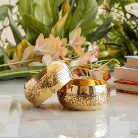 Brass Embossed Round Shaped Bowl, Dinnerware, Serveware, 150 ml