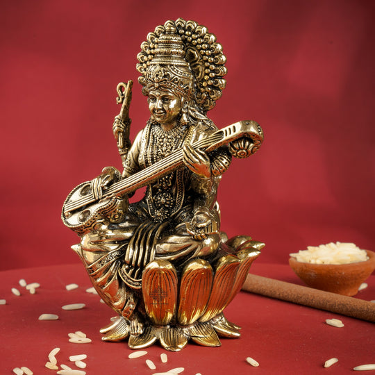 Pure Brass Goddess Saraswati ji Idol- Sitting on Lotus Flower
