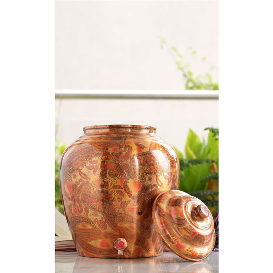 Printed Paisely Design Copper Water Dispenser Pot Matka, Storage, Home Kitchen Garden