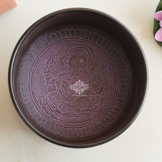 Indian Art Villa black brass singing bowl with white mantra engraving, ideal for meditation and sound healing.