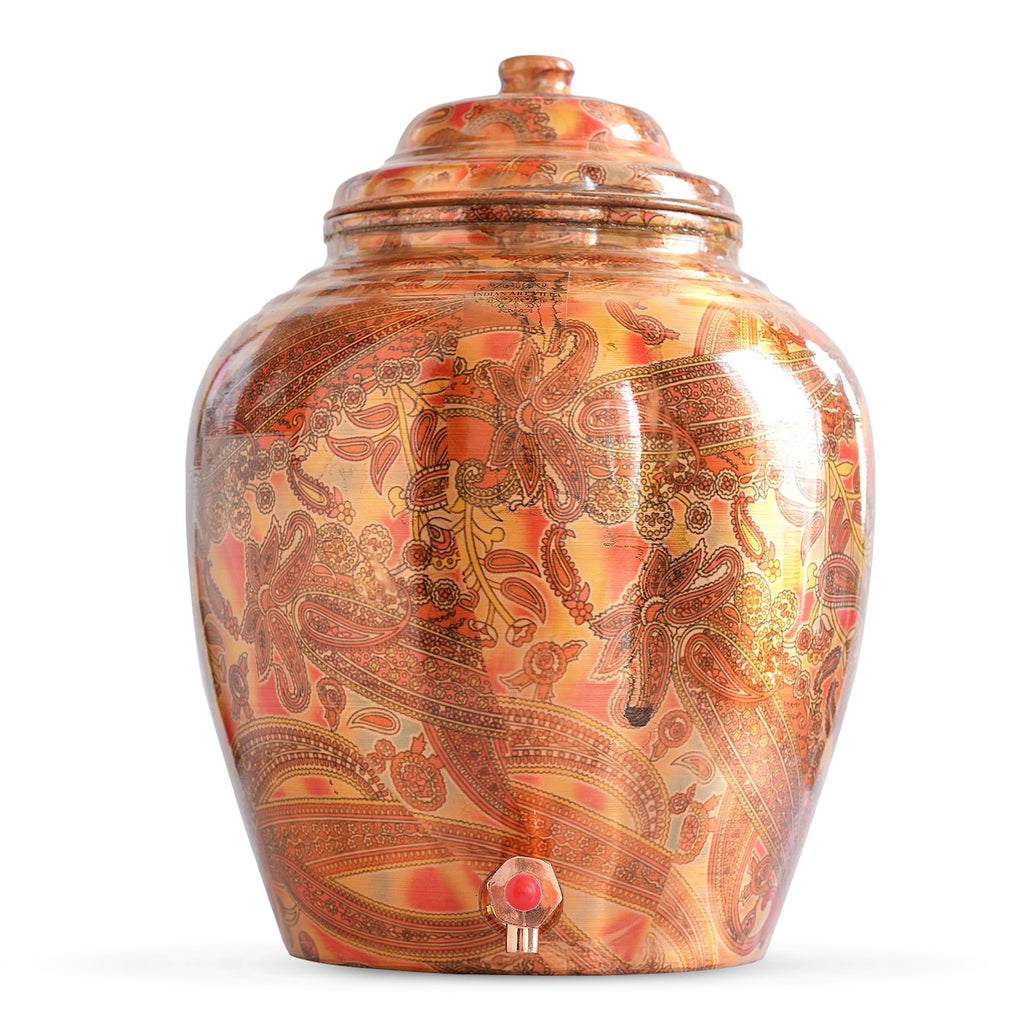 Indian Art Villa Printed Paisely Design Copper Water Dispenser Pot Matka, Storage, Home Kitchen Garden