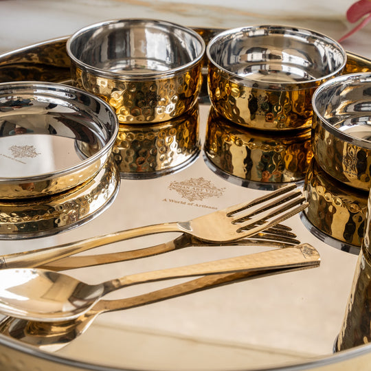 Steel Brass Hammered Thali Set – 8 Piece, 33 cm