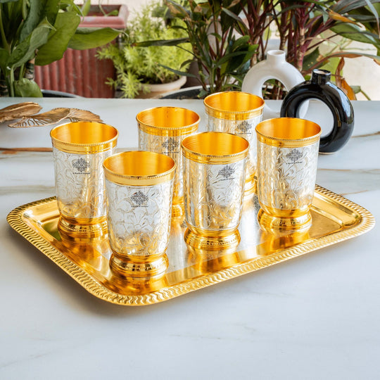 Handcrafted Pure Silver Plated Gold Polished 6 Glass with 1 Tray