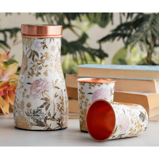 Golden floral design copper bottle and tumbler set by Indian Art Villa, ideal for festive décor and premium gifts.
