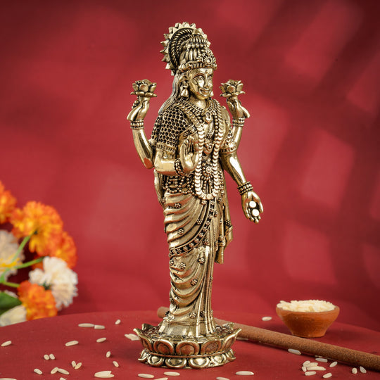 Pure Brass Laxmi JI Standing Murti With Lotus Flower