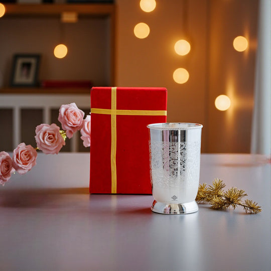 Embossed Design Silver Plated Glass With Red Box , Best For Parties , 250 ML