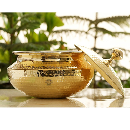 Golden hammered brass handi by Indian Art Villa crafted with dome lid radiant shine elegant centerpiece for cultural décor