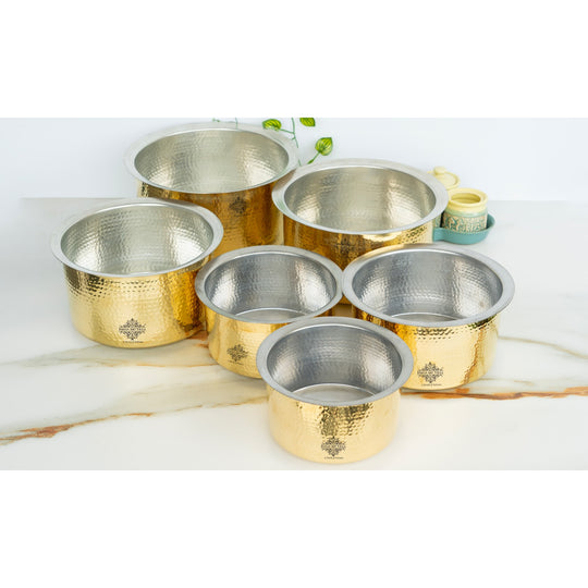 Hand finished hammered patila in brass polished golden body dome lid design and silver tin coated interior by Indian Art Villa