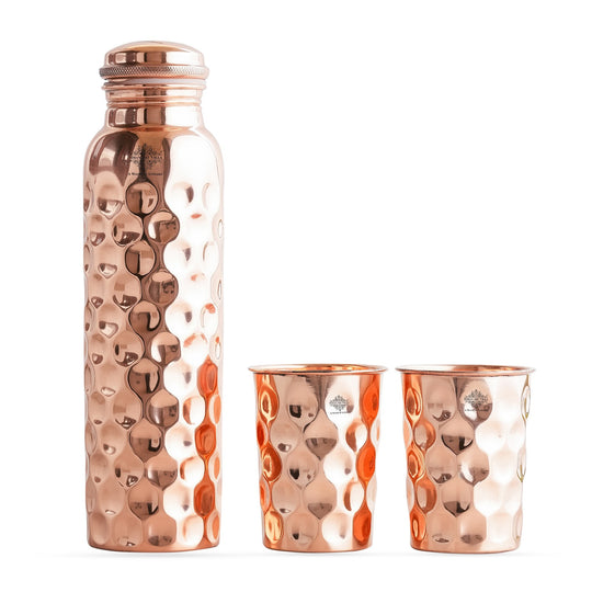 Set of Pure Copper Diamond Hammered Leak Proof Water Bottle & Two Glasses with a Gift Box, Drinkware