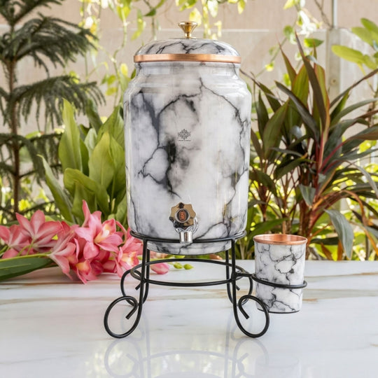 Copper White & Black Marble Printed Water Pot 5L with Stand & Glass — Indian Art Villa