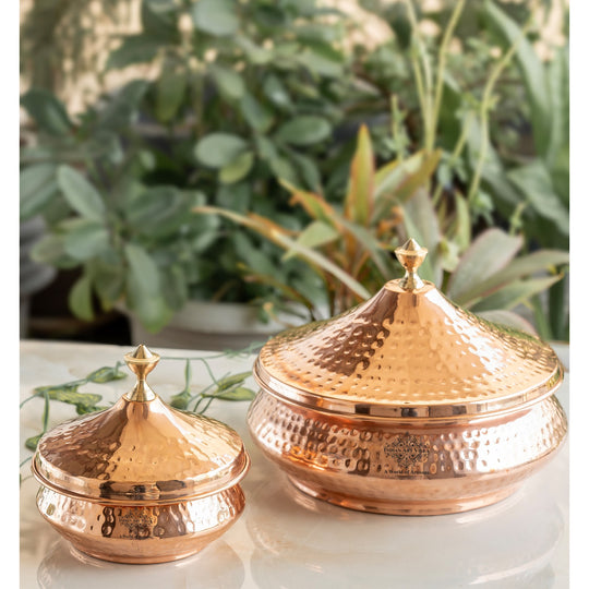 Indian Art Villa steel copper Mughlai handi with hammered artistry copper lid and brass knob offering true grace