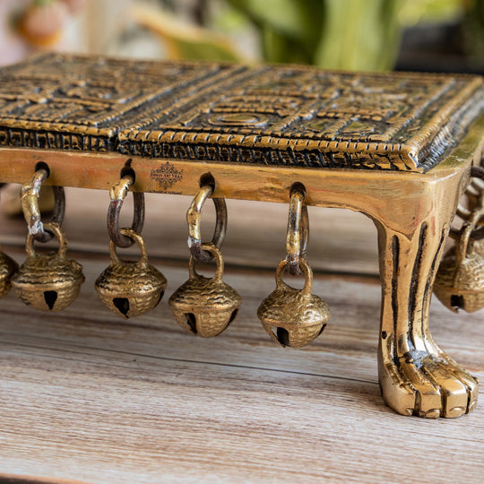 Pure brass antique embossed Chowki full view — Indian Art Villa