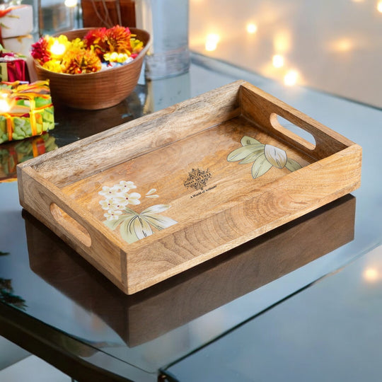 Wooden Tray with Plumeria Flower Design, Multipurpose Serving Tray for Tea, Coffee, Snacks, Home Decor, Gift Hampers