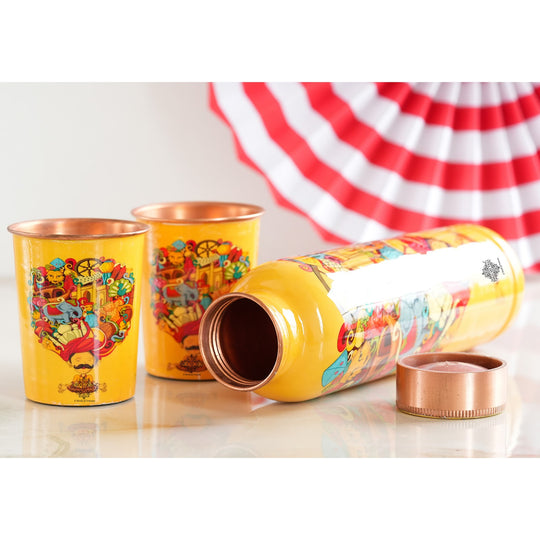 Indian Art Villa's Copper Bottle & Glass Set adorned with Rajasthani Meena 'Padharo Mhare Desh' and Ayurvedic Drinkware, featuring Pagdi Art.