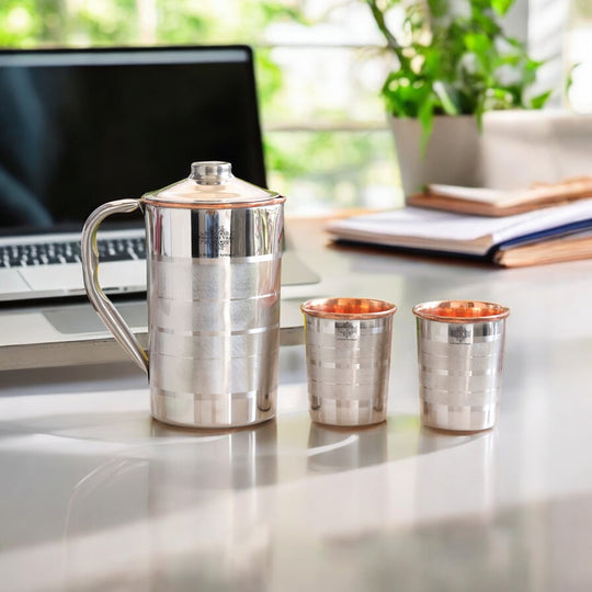 Luxury Fusion Steel-Copper Jug & Tumbler Set – Handmade 3-Piece Wellness Gift for Modern Ayurvedic Living