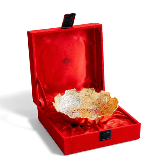 Handcrafted Pure Silver Plated Gold Polished Designer Bowl with Red Gift Box