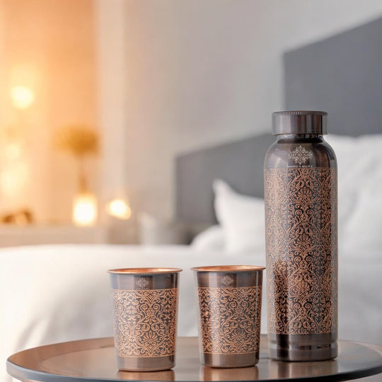 Antique Embossed Copper Bottle Gift Set – Includes 1 Copper Bottle & 2 Glasses