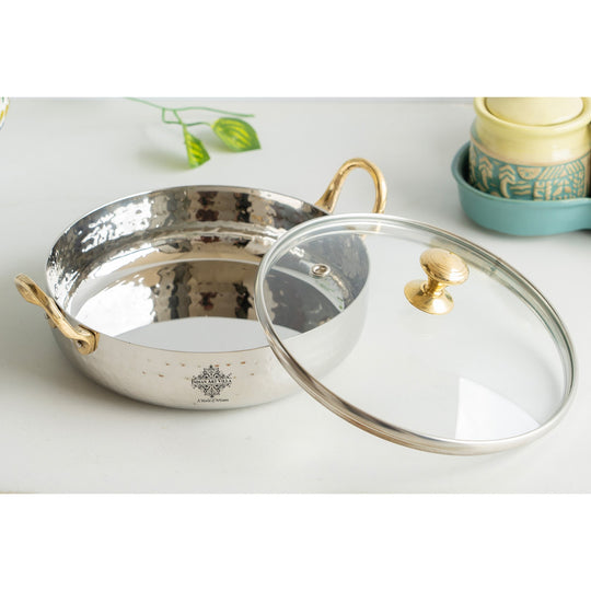 Stainless Steel Hammered Sauce Pan/Bowl with Brass Handles and Glass Lid, Ideal for Sauces, Soups, Gravies, and Cooking