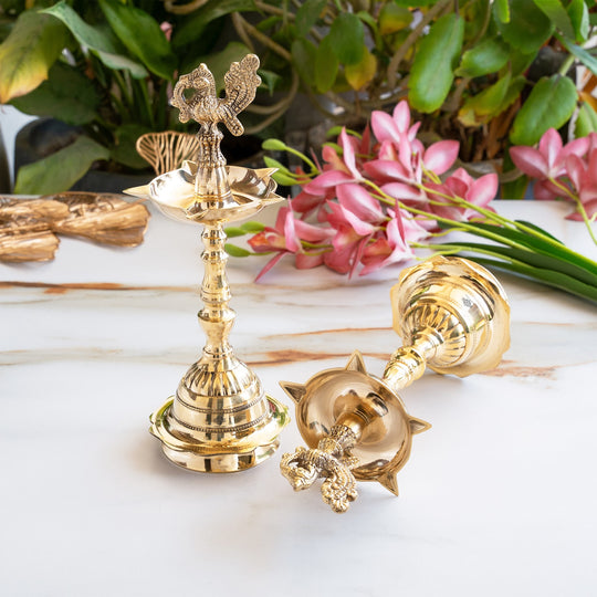 Brass Pillar Diya Set of 2 - Traditional South Indian Temple Oil Lamps