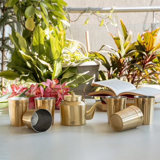 Brass Teapot, Kettle Inside Tin Lining with Glasses | Tableware | Serveware | Gold | 350 ML