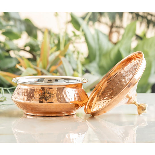 Steel Copper Mughlai Handi with Lid & Brass Knob- Serveware, Perfect for Home & Restaurant