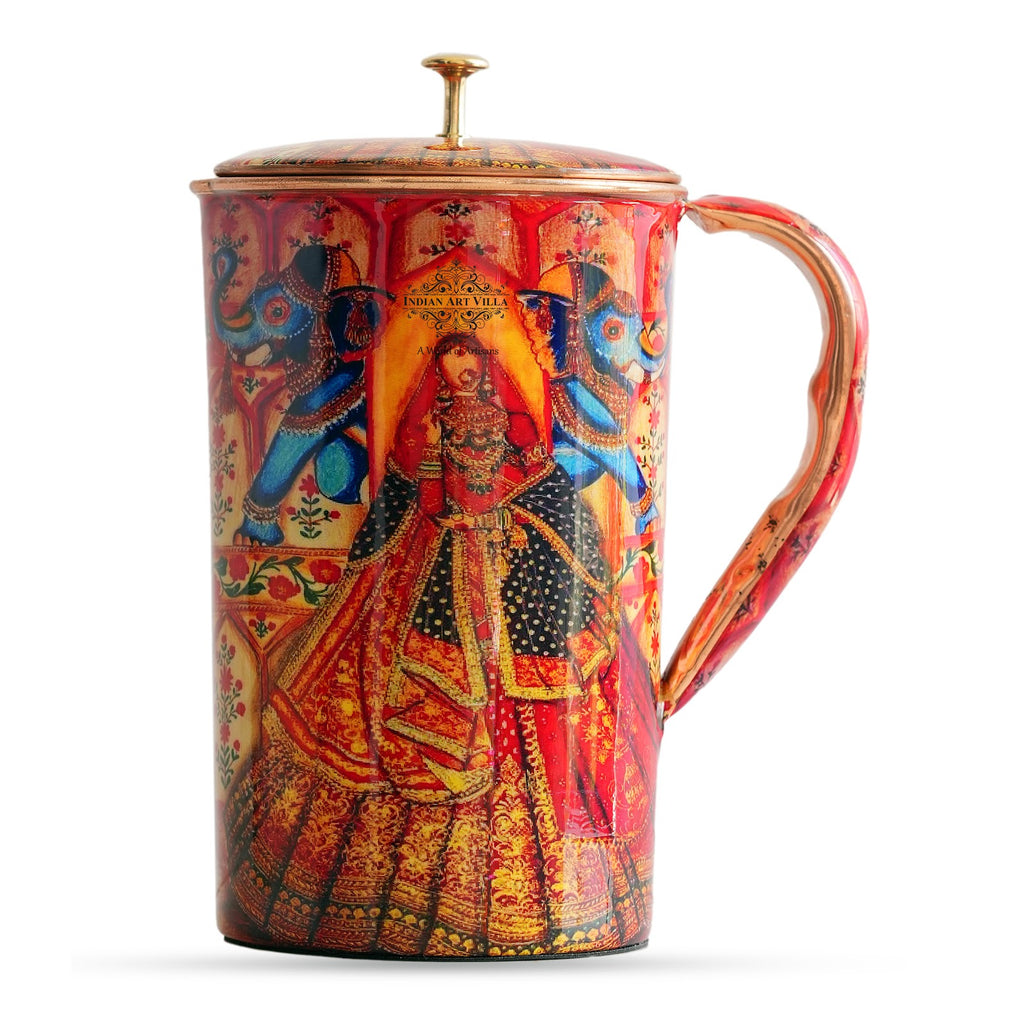 Indian Art Villa Pure Copper Jug, Printed Design, Padharo Mhare Desh Rajasthani Style, 1500ml
