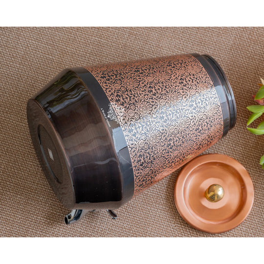 Profile of 5L copper dispenser showing full-body diamond pattern and assembled tap – copper matka with tap