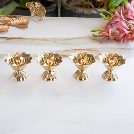 Brass Floral Diya Set of 4, Decorative Oil Lamps for Pooja