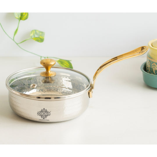 Hammered Steel Serving Fry Pan with Brass Handle & Lid