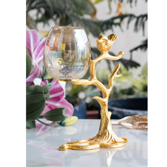 Gold Finish Decorative Candle Holder with Tree Bird Design – Elegant Home Decor Accent For Decoration And Gifting