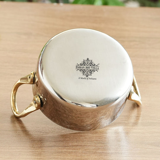 Stainless Steel Serving Bowl with Brass Handles, Hammered Design, Ideal Small Serving Bowl for Curry, Dal and Sides – Elegant Tableware for Home &amp; Restaurant Use