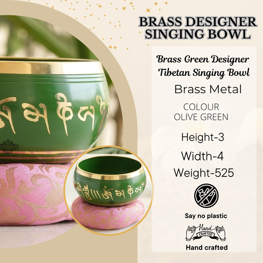 Indian Art Villa handcrafted green brass singing bowl with mantra design and cushion, ideal for meditation, healing.