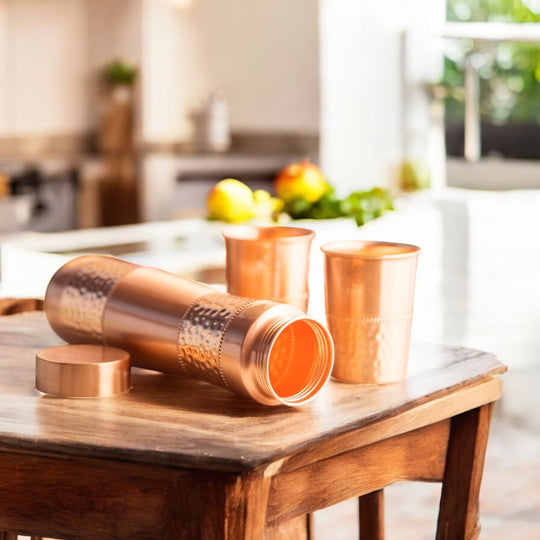 Copper Drinkware Gift Set of 2 Glass and 1 Bottle With Hammered Design