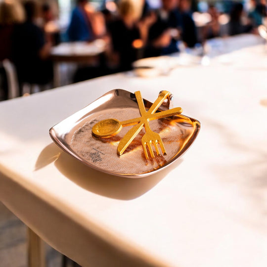 Brass and Copper Finish Napkin Holder with Golden Cutlery Design – Elegant Table Accessory for Dining, Kitchen, Office, and Gifting